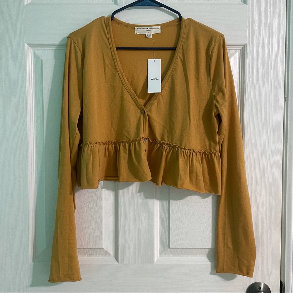 YELLOW PEPLUM STRIPED LONG SLEEVE CROP TOP - Picture 2 of 7